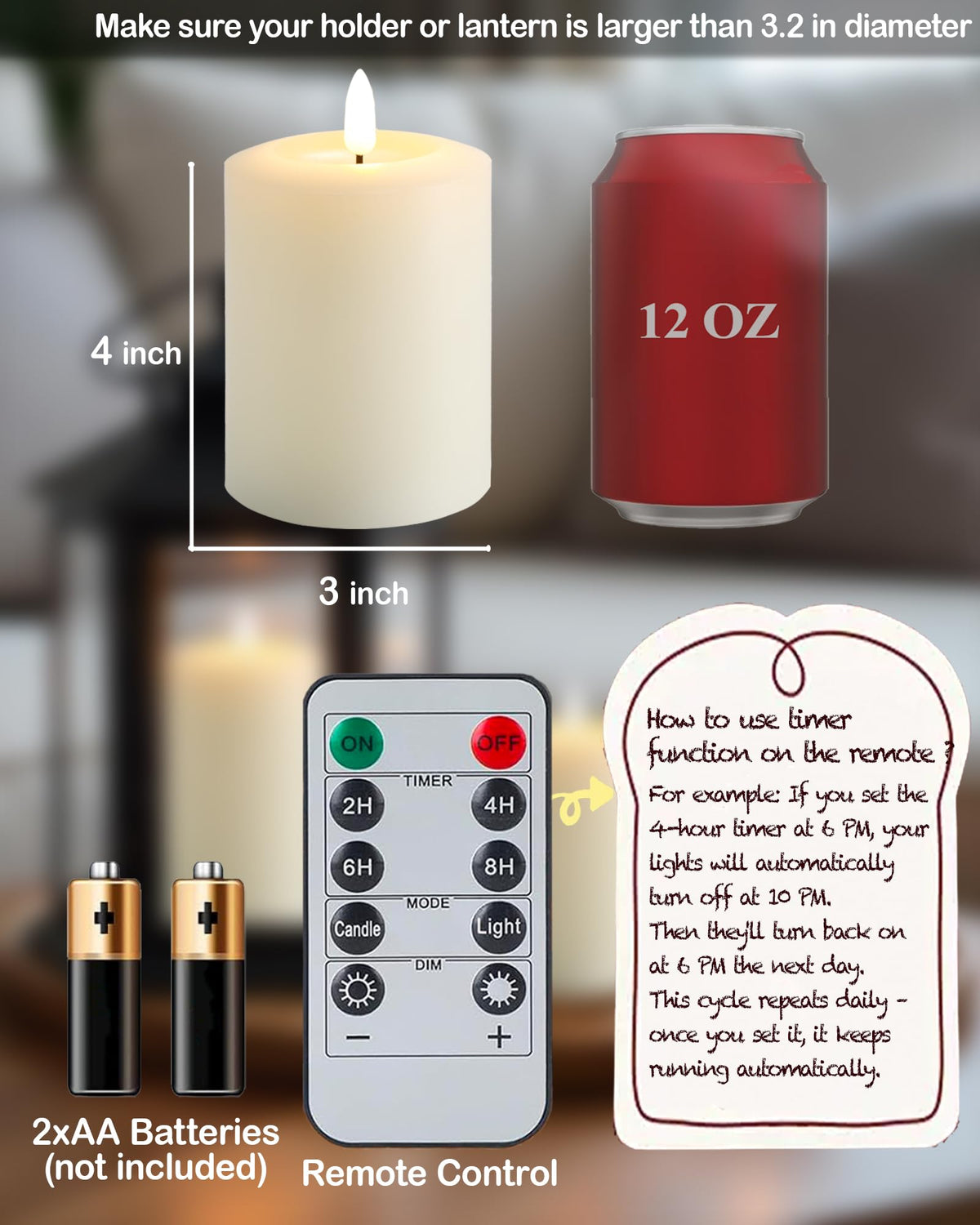 LinkMejor 3"x4" Candele Senza Fiamma Lampeggianti con Timer Remoto, Candele LED