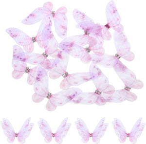 20Pcs Sheer Mesh Butterfly Appliques, 50mm Two Layers Butterflies with Gem Applique Patch DIY 3D Craft Ornament for Wedding Party Home Decor Clothes, Light Purple