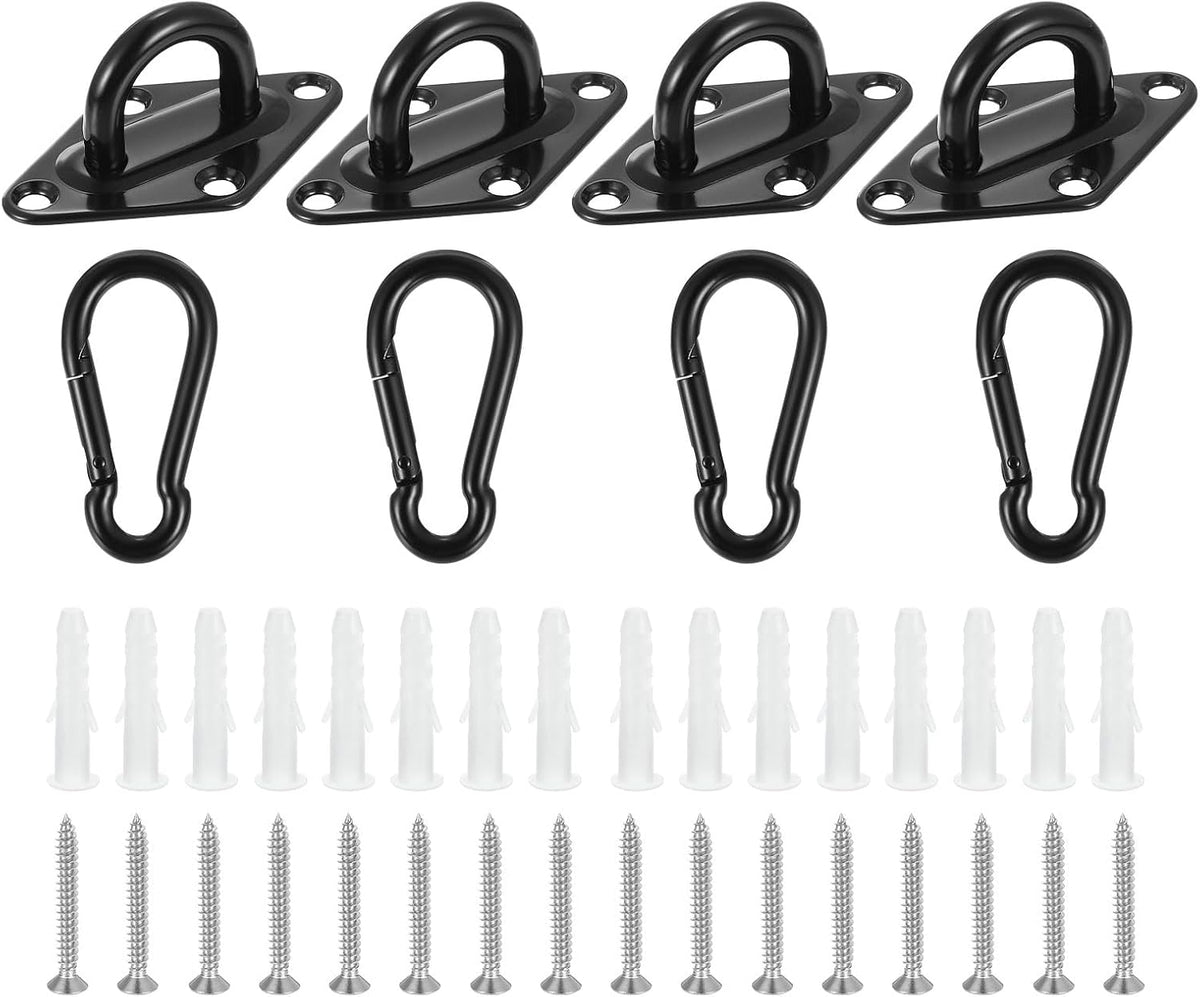 4 Pcs Pad Eye Plate, 3.1 Inch 304 Stainless Steel Ceiling Hooks & Snap Hook Marine Hanging U Hook with Screws & Anchors for Securing Hanging, Black