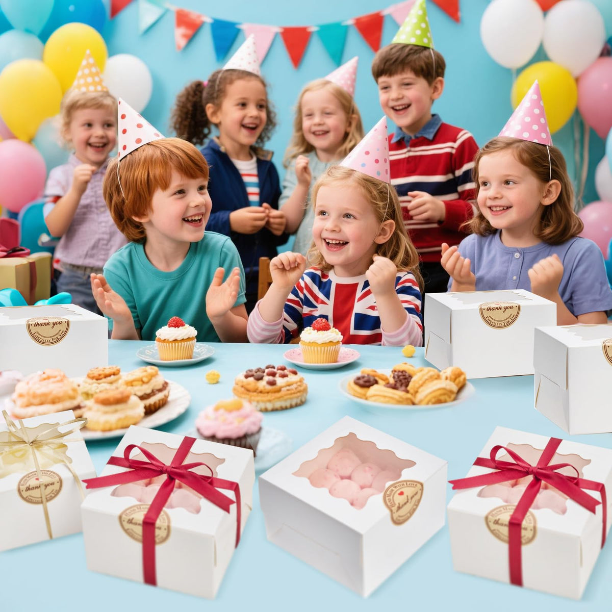 LinkMejor 30 Pcs Cookie Boxes with Window, 4"x4"x2.5" Small Bakery Boxes