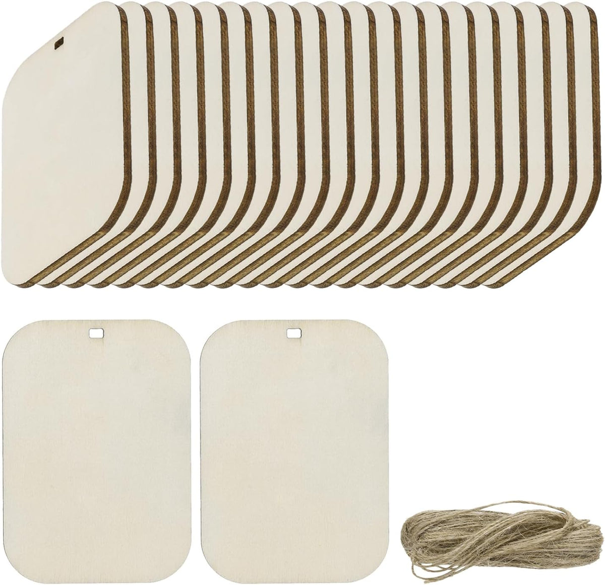 36pcs Rounded Rectangle Blank Wood Tags with Hole 2.8 x 4.3 Inch Unfinished Wood Pieces Wooden Gift Tags with 32.8 Ft Rope for Craft Projects, Hanging Decorations, Gift Making
