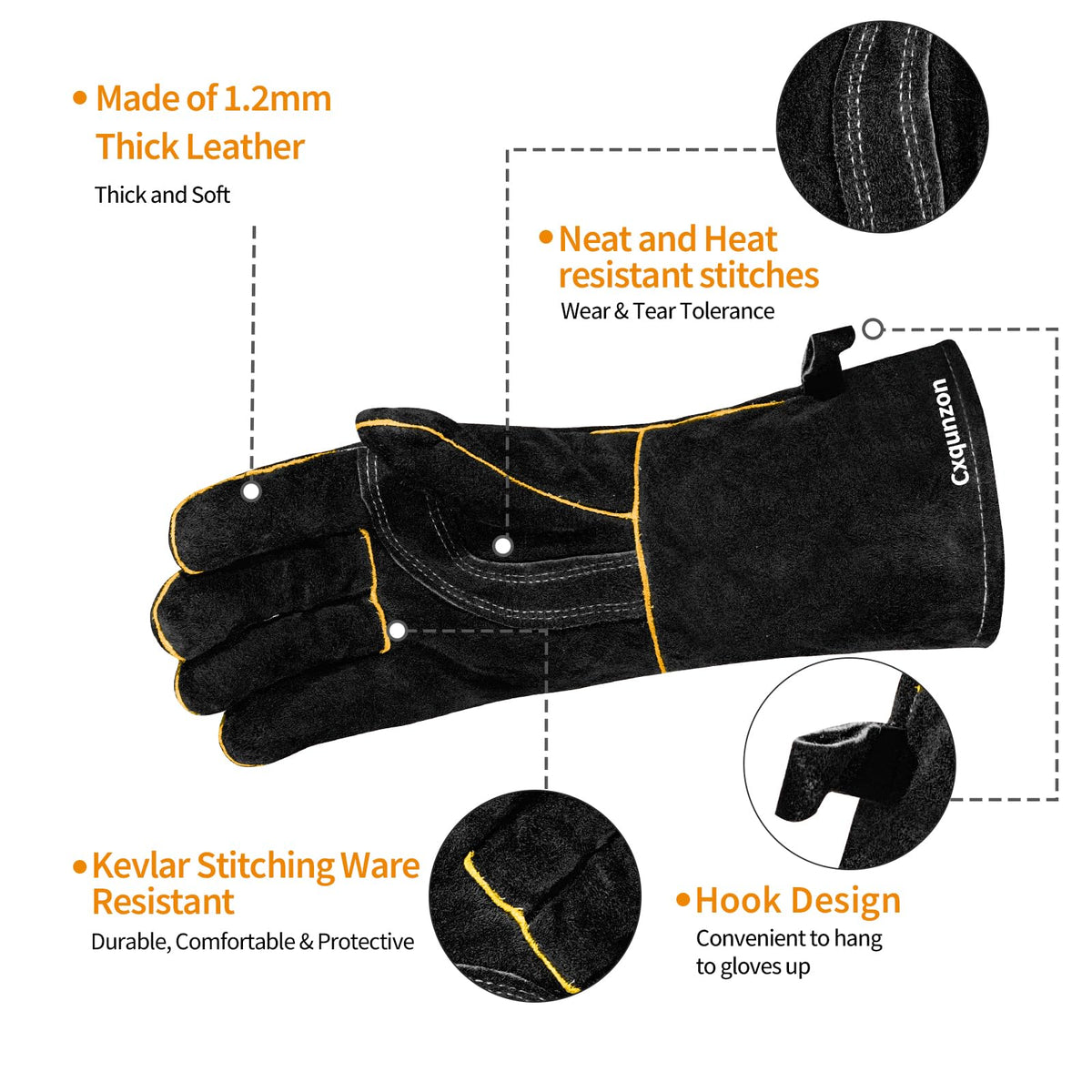 LinkMejor MIG Welding Gloves for Men, Fireproof Leather and Stitching Black