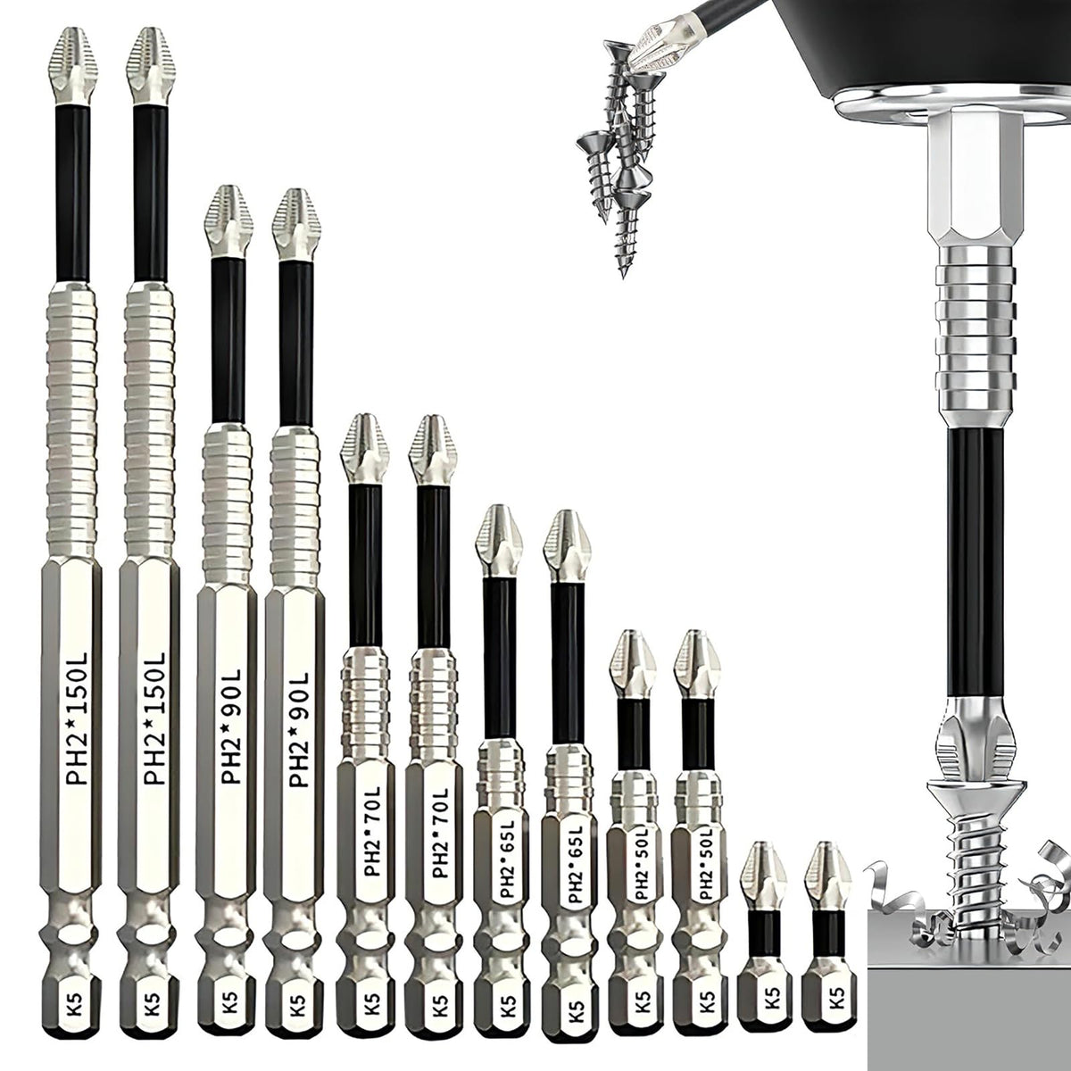 Hochmagnetisches Schraubenzieher-Drillbit-Set, K5 Rutschfester Einsatz, 12 Stück