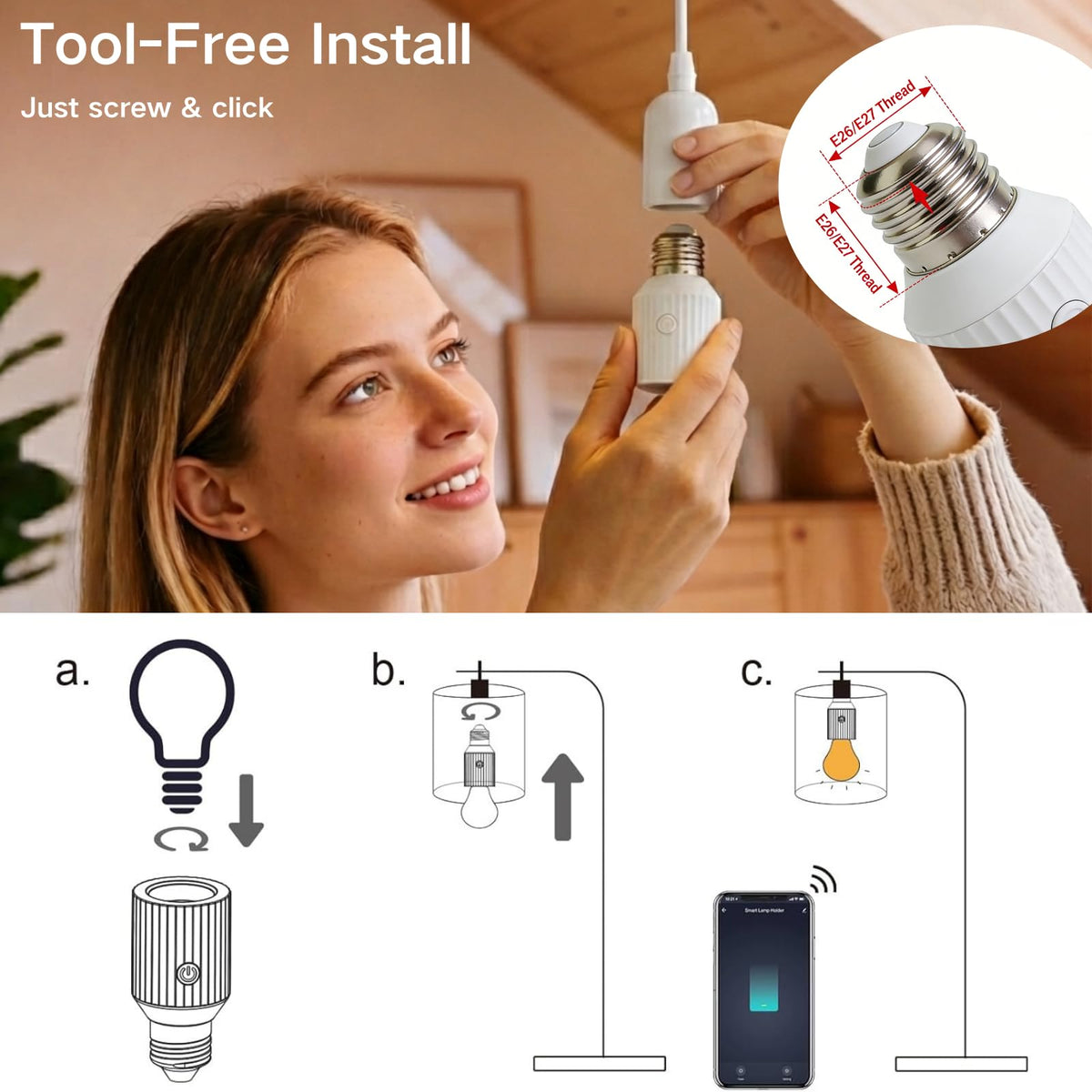 LinkMejor Smart Wi-Fi Lampiinadapter, Kõnevahend Alexa/Google, Smart Life App Group ja Taimer, Maksimum 60 W, Sisaldab Kärbeslampe, E26/E27, 2 Paketti
