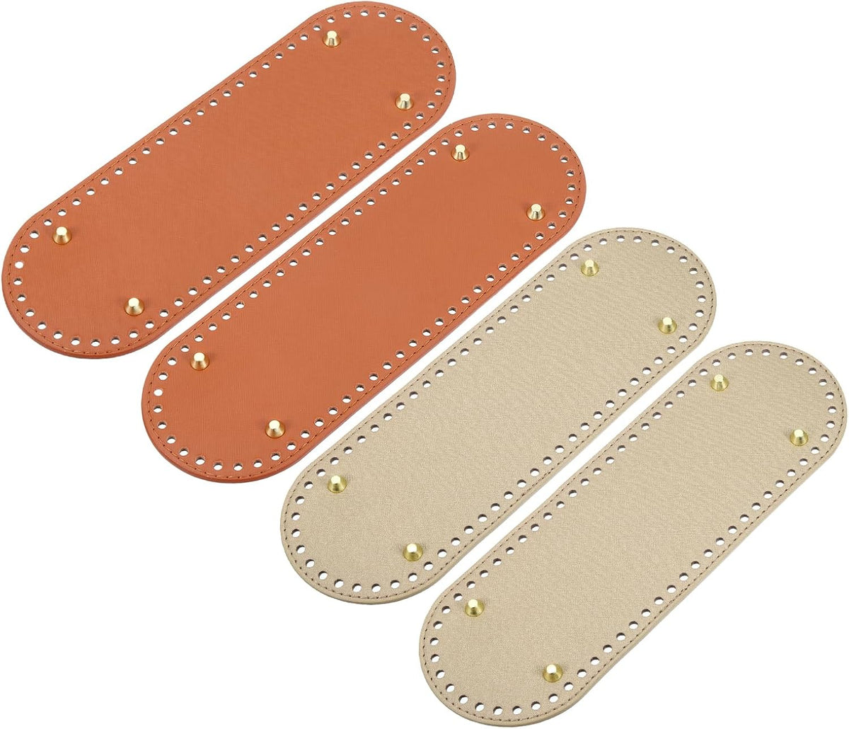 Oval Bag Bottom Shaper Pad, 4Pcs 300 x 100mm PU Leather Bags Cushion Base for Crochet Knitting Handbag, Brown+Gold