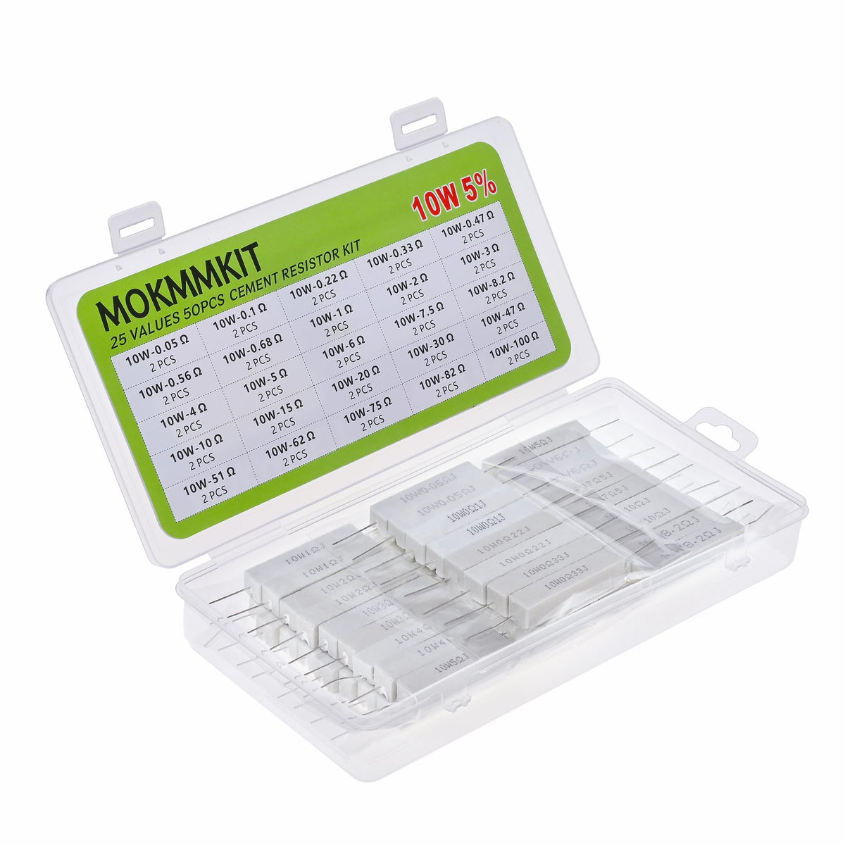 LinkMejor 25 Values 10W Ceramic Cement Resistor Kit 0.05 Ohm - 100 Ohm