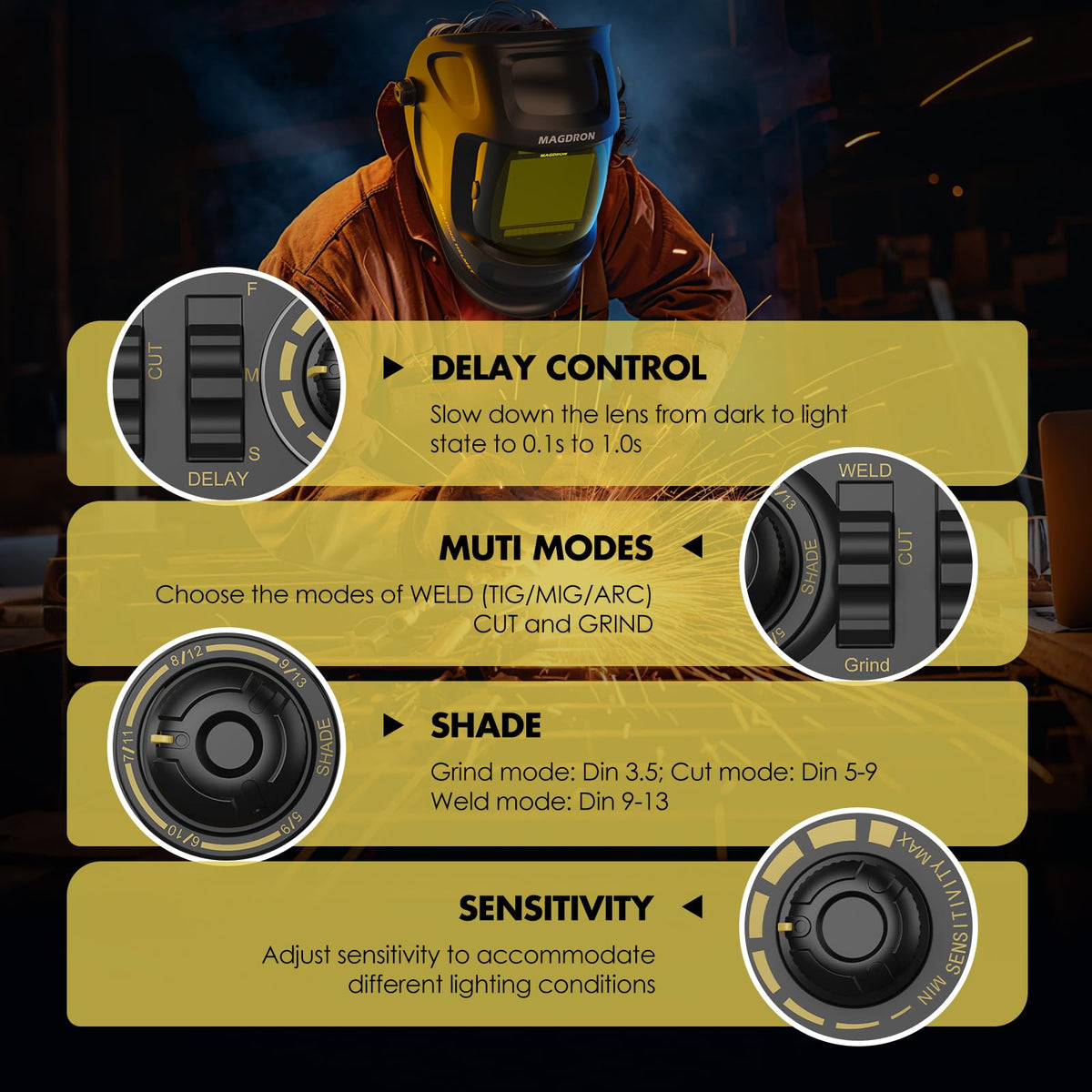 Auto Darkening Welding Helmet Large View 3.94" x 3.66", True Color Welding Hood Optical Clarity, 4 Arc Sensor Solar/Battery Powered, Wide Shade 3.5/5-9/9-13 Welder Mask for TIG MIG ARC Cut Grind