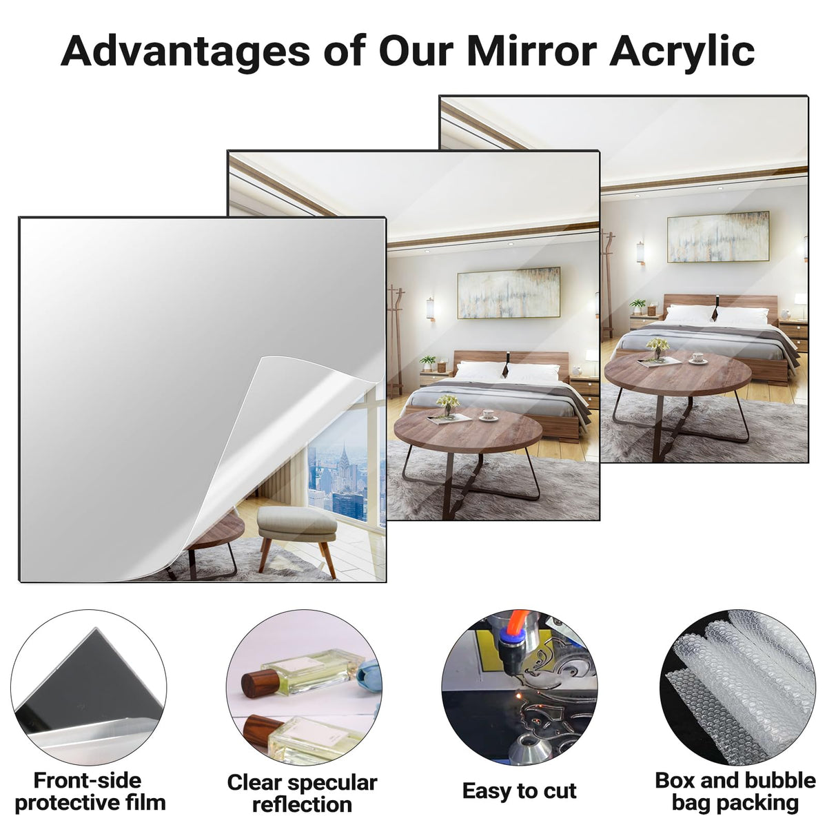 LinkMejor Silver Acrylique Feuilles de Miroir 1/8 Épais, 3Pack 8" x 8"