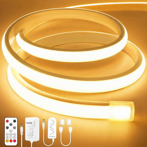 LinkMejor COB LED Strip Lights 32.8Ft, Warm White Dimmable Self-Adhesive Led Rope Light with Remote, Flexible Cuttable Waterproof 3000K Silicone Neon Tape Light for Bedroom, Indoor, Cabinet, 10mm