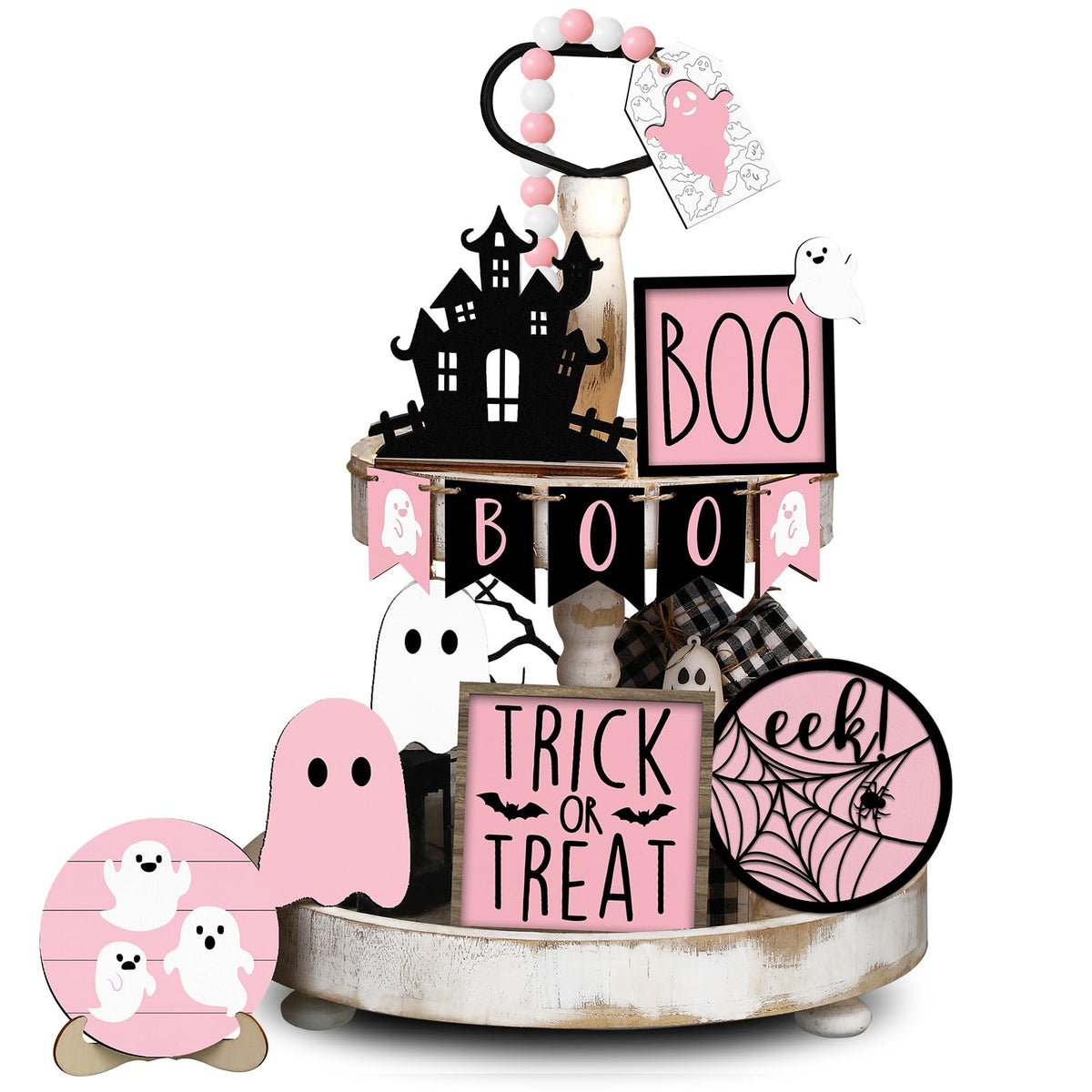 LinkMejor 15 szt. Pink Halloween Dekoracja Ducha Poziomowy Trzywarstwowy Płytki Zestaw Dekoracyjny