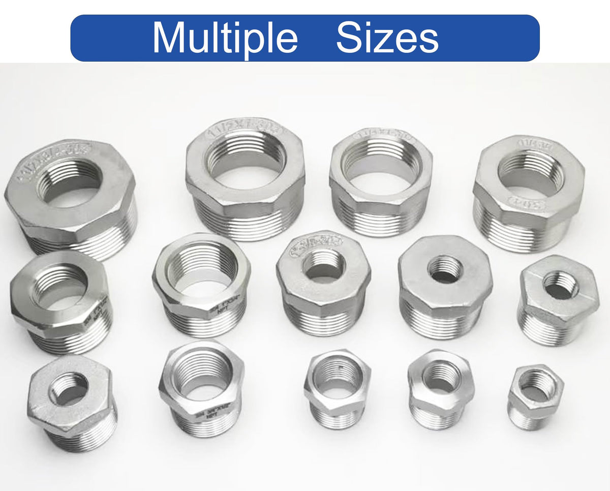 LinkMejor 3/4" Male to 1/2" Female NPT Threaded Reducer Hex Bushing 304 Stainless Steel Reducing Adapter Pipe Fitting With Teflon Plumbers Tape(Pack of 2)