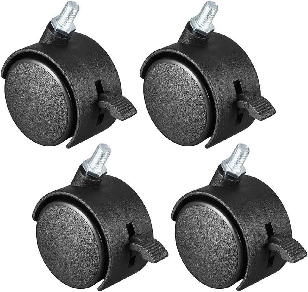2 Inch Swivel Casters Nylon Twin Wheel with Brake, M10 x 15mm Threaded Stem Swivel Caster, 115lb Total Capacity, Pack of 4