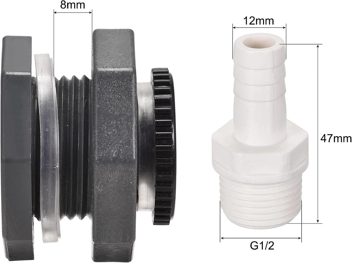 Adaptateur de réservoir de section transversale en PVC avec filetage G1/2 et connecteur avec raccord fileté de 12mm pour seaux de pluie réservoirs d'eau 2 Set