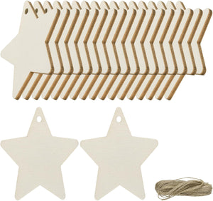 20pcs Star Blank Wood Tags with Hole 3.5 x 4 Inch Unfinished Wood Pieces Wooden Gift Tags with 32.8 Ft Rope for Craft Projects, Hanging Decorations, Gift Making