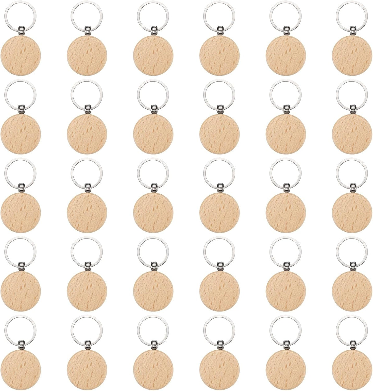 LinkMejor 30pcs Wooden Keychain Blanks, Round, Beige, Unfinished, Modern, DIY Gift Crafts