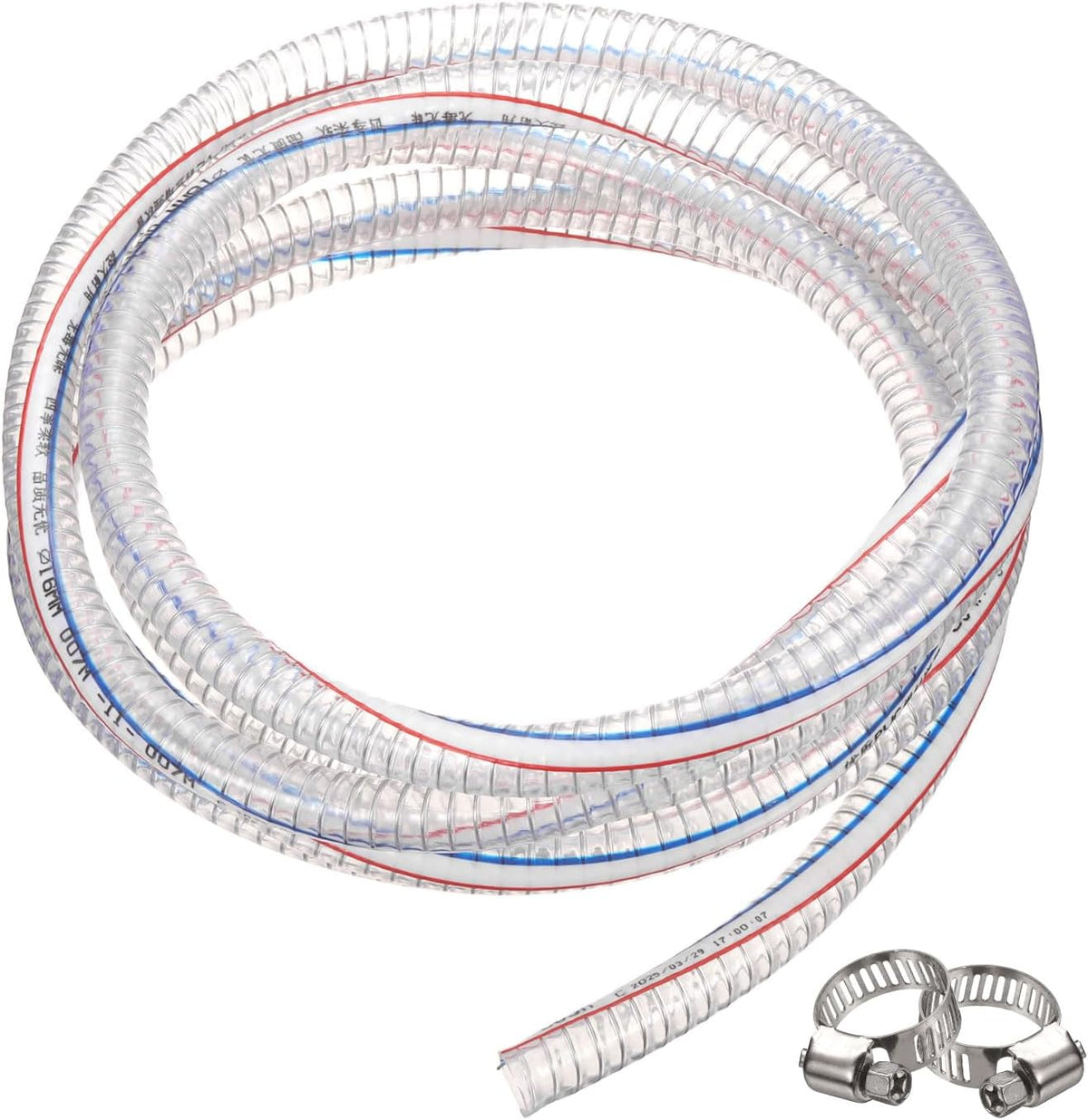 Braided PVC Tubing, 5/8" ID. x 13/16" OD. 10 ft Clear Wire Vinyl Tube High Pressure Reinforced Vinyl Hose Tubing with 2 Clamps for Transfer Water Air Oil