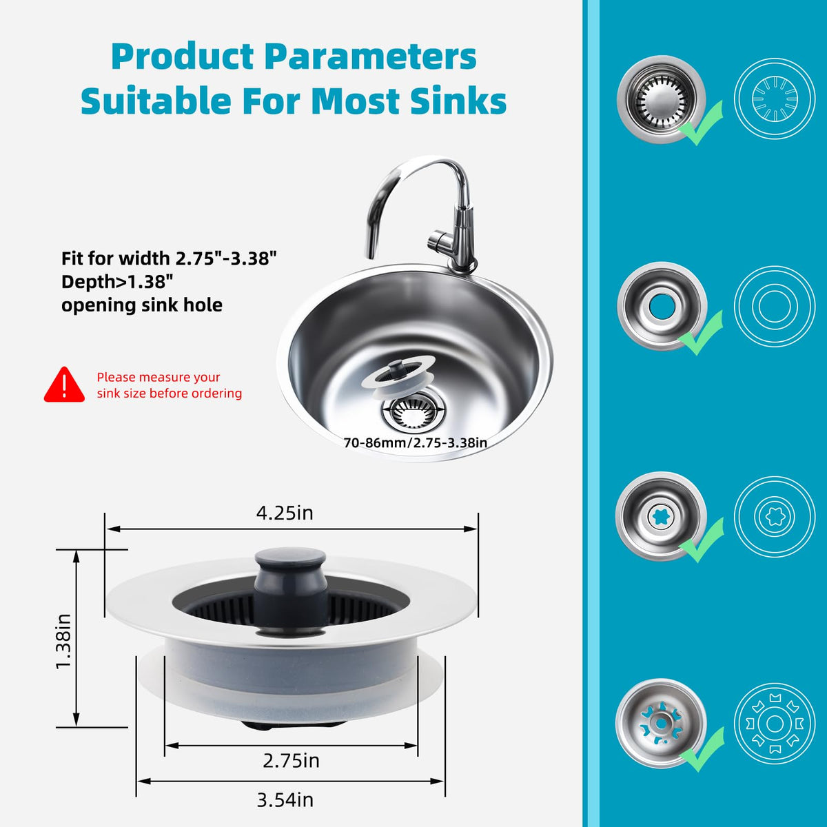 LinkMejor 3-in-1 Saluran Pemfilter Air Kandang Dapur & Stopper, Tangi Rata, Krom