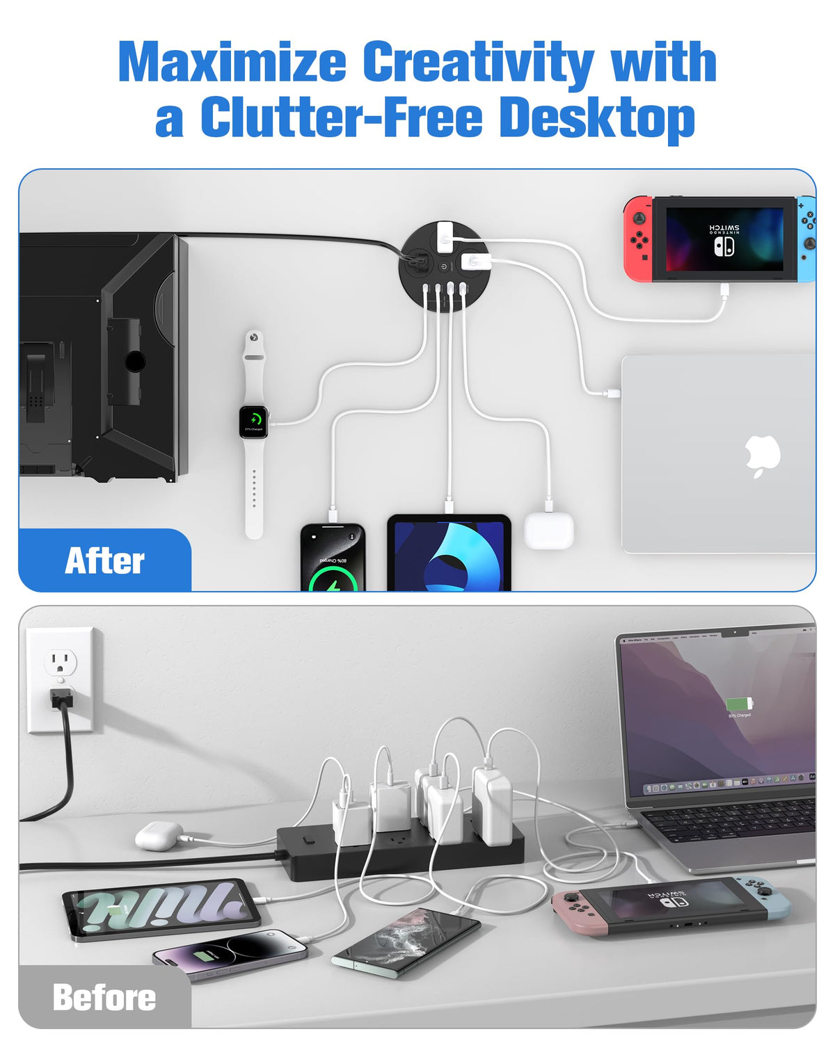 100W USB C Skjarslutning, 4 USB 5utstikkninger på två sidor (15Ampere)