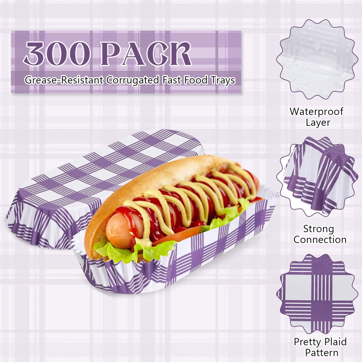 LinkMejor 300 Pcs Paper Hot Dog Trays Food Trays 6 Inch,Purple,Checkered