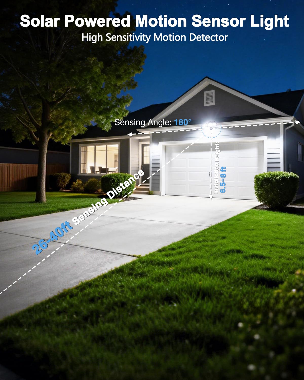LinkMejor 6000LM Luci Solari Esterni, 4 Teste Sensore di Movimento Luci Esterni, Luci di Inondazione Solari per Giardino Casa Esterna Garage, IP65 Impermeabile, 3 Modalità, Installazione Facile, 3 Confezioni