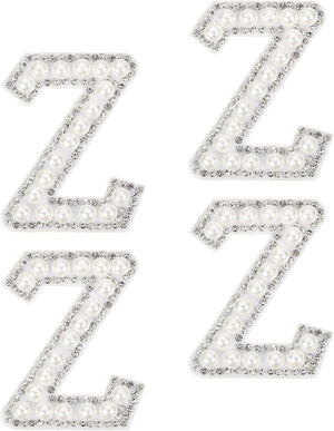10Pcs Iron on Letters Patches, Letter Z Rhinestone Pearl Alphabet Applique English Letter Sew on Patches for DIY Clothing Hat Bag, White