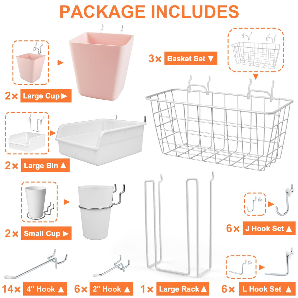 Tablero de Organizador Set 42Pack Cestas de Tablero de Pegotes Ganchos Cajas Copas (Blanco Rosa)