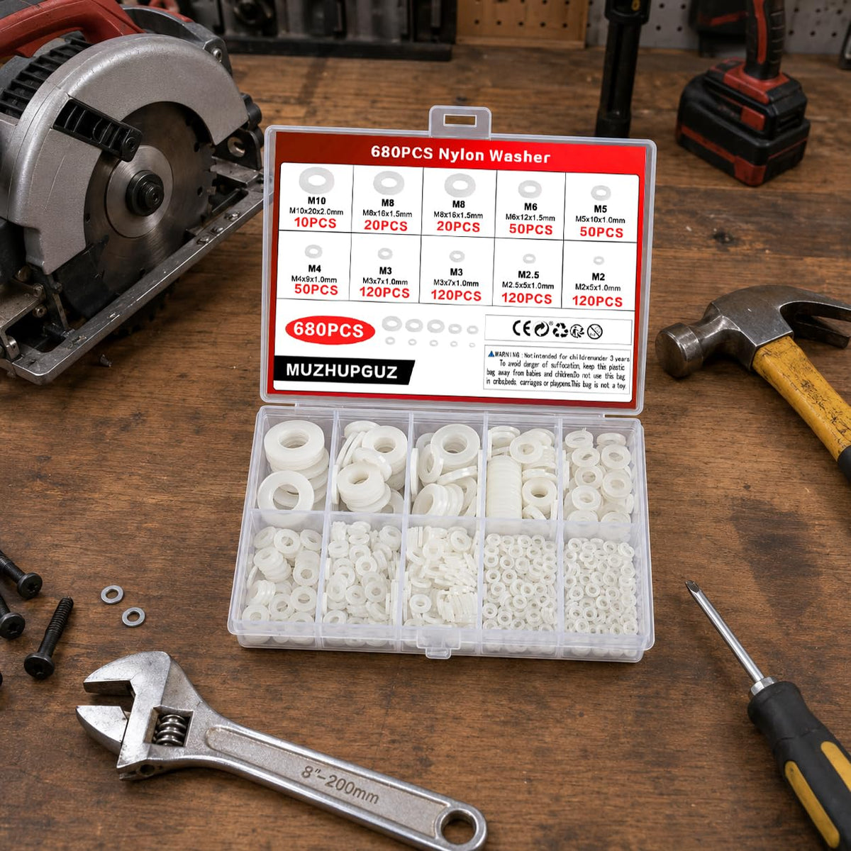 680Pcs Nylon Flat Washer Samlekit, 8 Størrelser M2-M10, Hvit