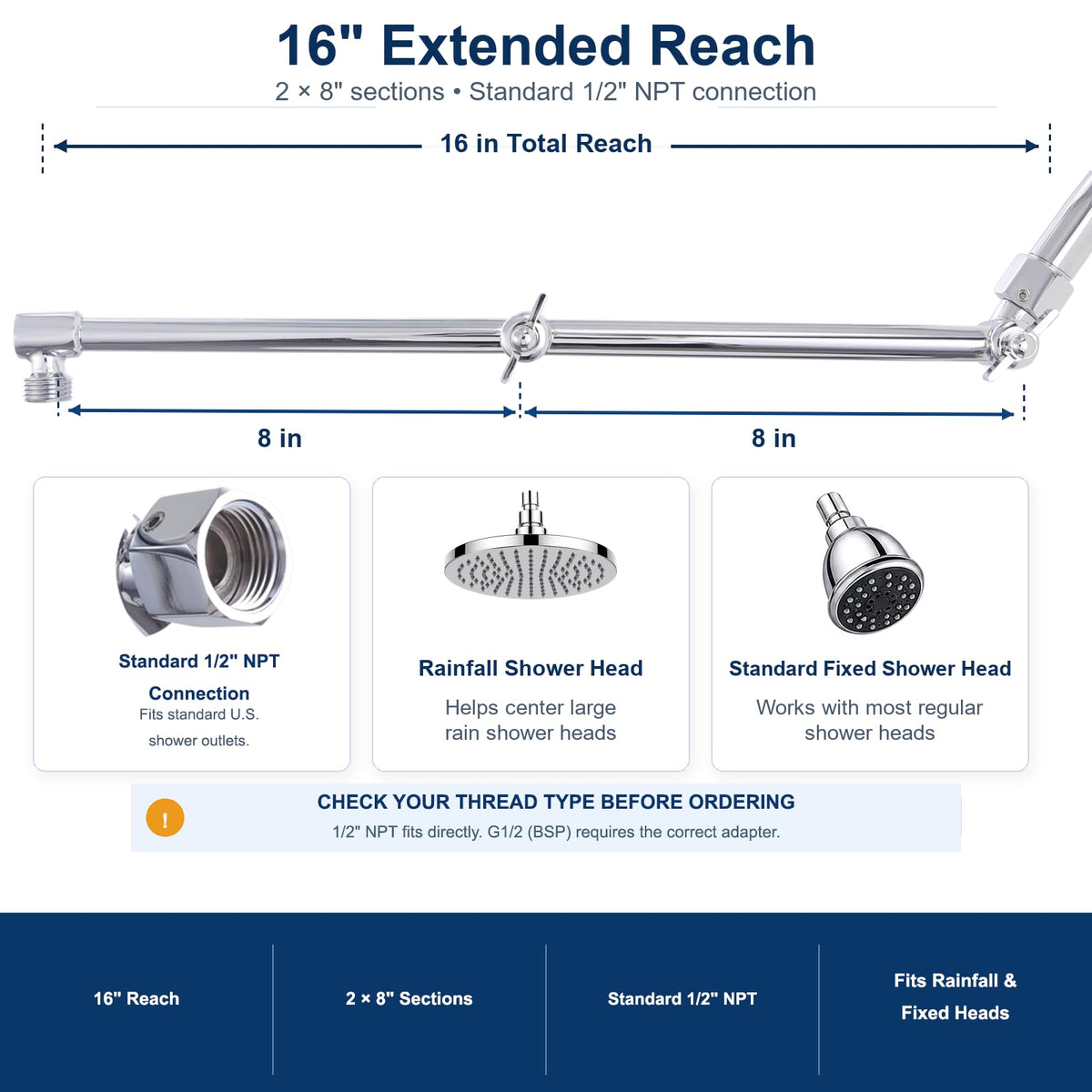 LinkMejor 16-Inch Extensión de brazo ajustable de ducha de latón sólido, cromo