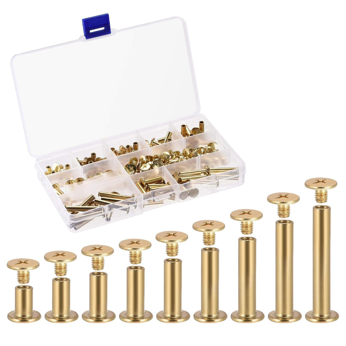 9 Sizes Phillips Screw Post Fit for 3/16"(5mm) Hole Dia, Male M4x5mm Binding Bolts Leather Album Fastener Kit Gold Tone 90 Sets