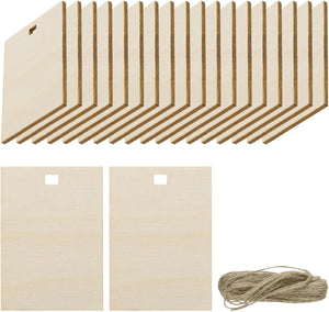 20pcs Right Angle Rectangle Blank Wood Tags with Hole 3.5 x 5.5 Inch Unfinished Wood Pieces Wooden Gift Tags with 32.8 Ft Rope for Craft Projects, Hanging Decorations, Gift Making
