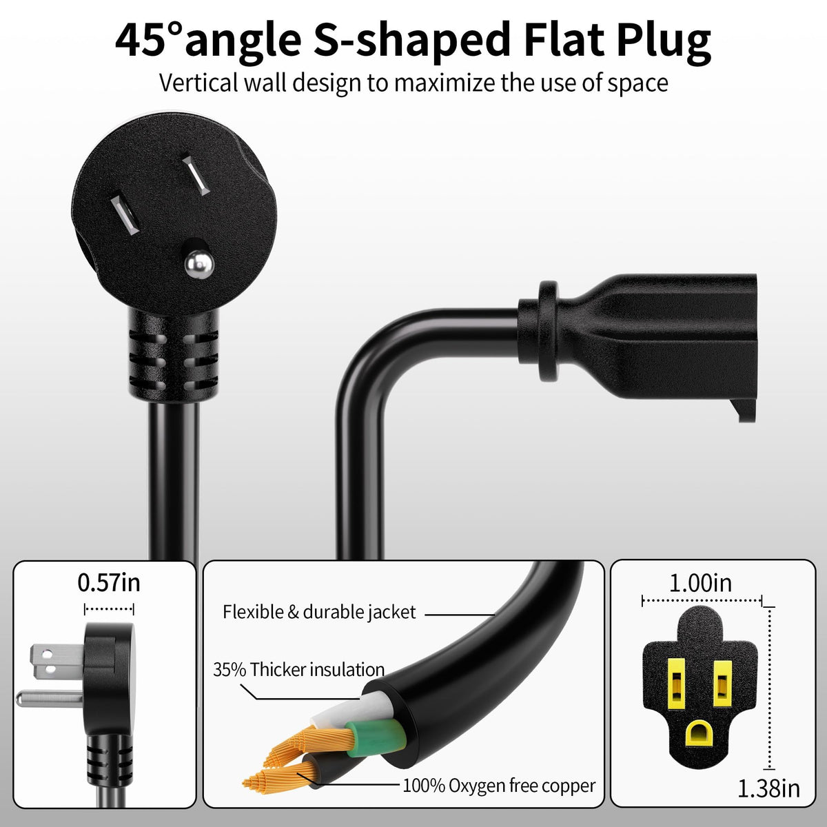 LinkMejor 6 FT 3 sztuka 14 Gauge Niski Profil Flotywny Rozszerzalny Kabel Zasilający Czarny