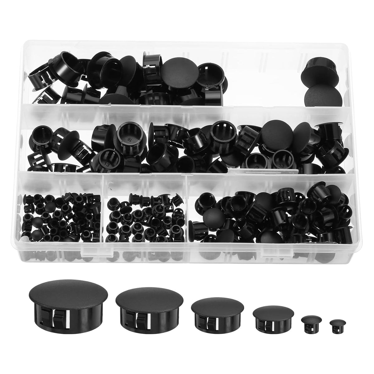 200pcs Plastic Hole Plug, 6-Sizes 3/16", 1/4", 3/8", 1/2", 5/8", 3/4" Nylon Caps-Snap in Locking Hole Plugs for Furniture Kitchen Cupboard Shelves
