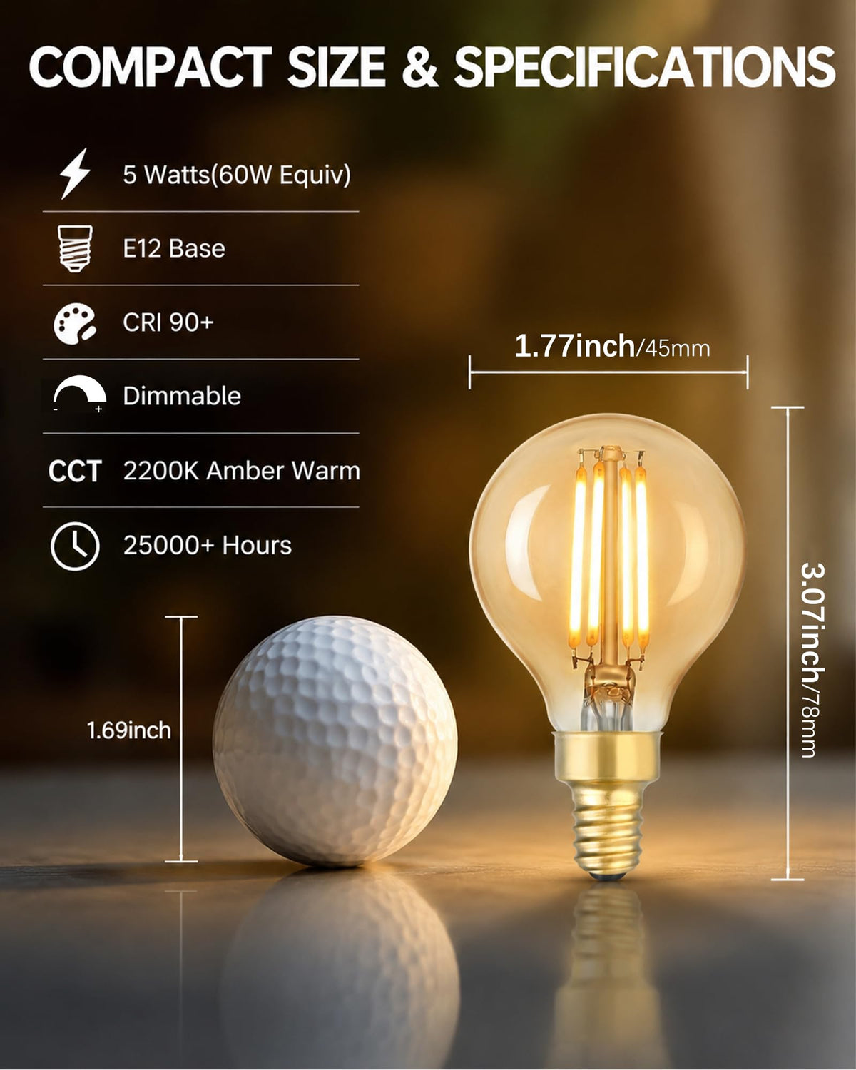 Amber Globe Chandelier LED Bulbs, Dimmable E12 Candelabra 60 Watt 6 Pack