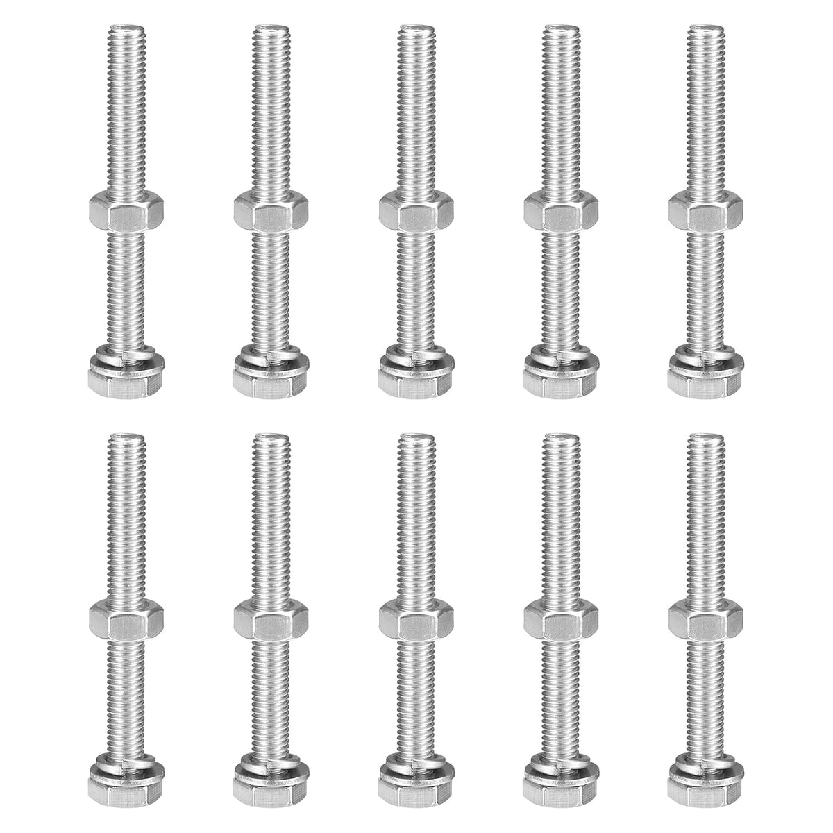 M10 x 90mm Hex Head Screws Bolts, Nuts, Flat & Lock Washers Kits, 304 Stainless Steel Fully Thread Hexagon Bolts 10 Sets