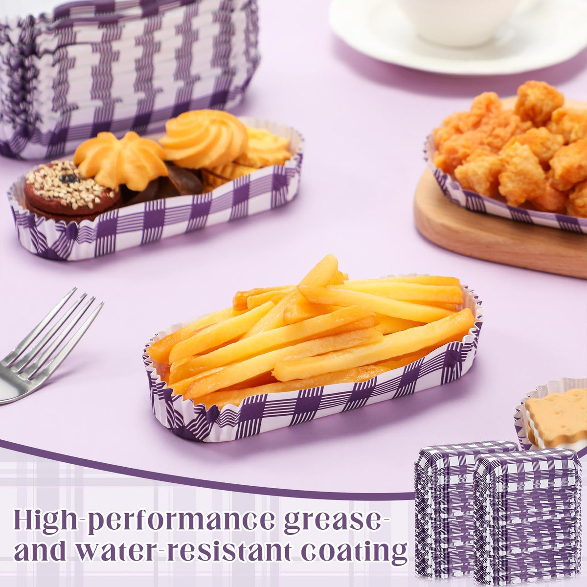 LinkMejor 300 Pcs Paper Hot Dog Trays Food Trays 6 Inch,Purple,Checkered