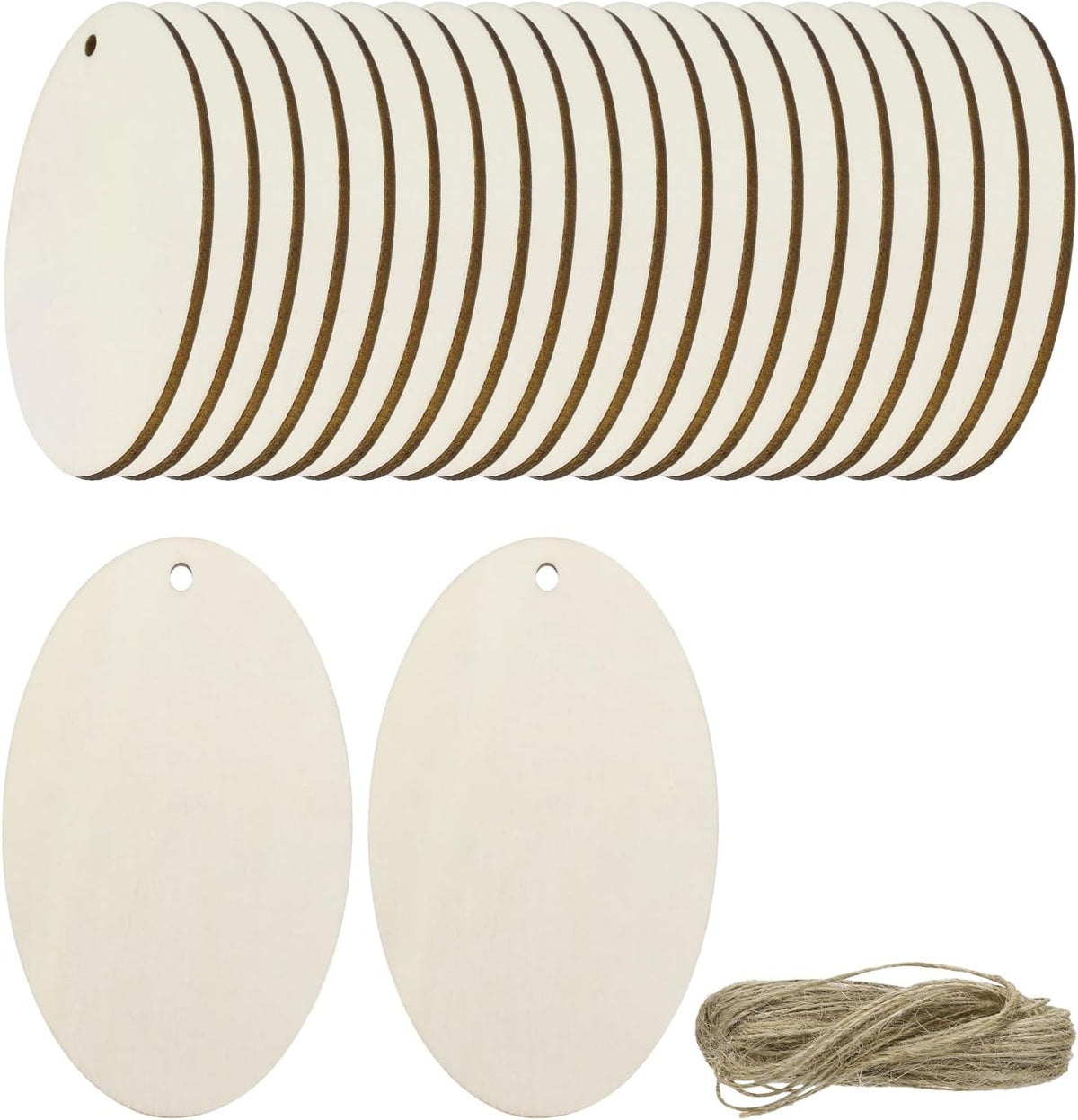 36pcs Oval Blank Wood Tags with Hole 4 x 2.4 Inch Unfinished Wood Pieces Wooden Gift Tags with 32.8 Ft Rope for Craft Projects, Hanging Decorations, Gift Making
