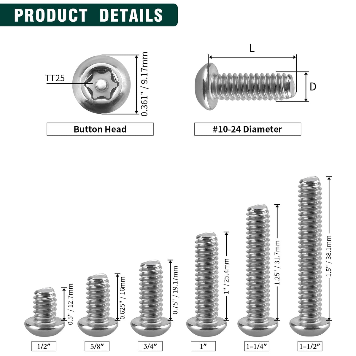 #10-24 x 1 Button Head Torx Security Screws, 304 Stainless Steel 18-8, Anti-Strip & Non-Slip Torx Drive Screws for Outdoor, Automotive License Plates, 50-Pack with Bit TT25
