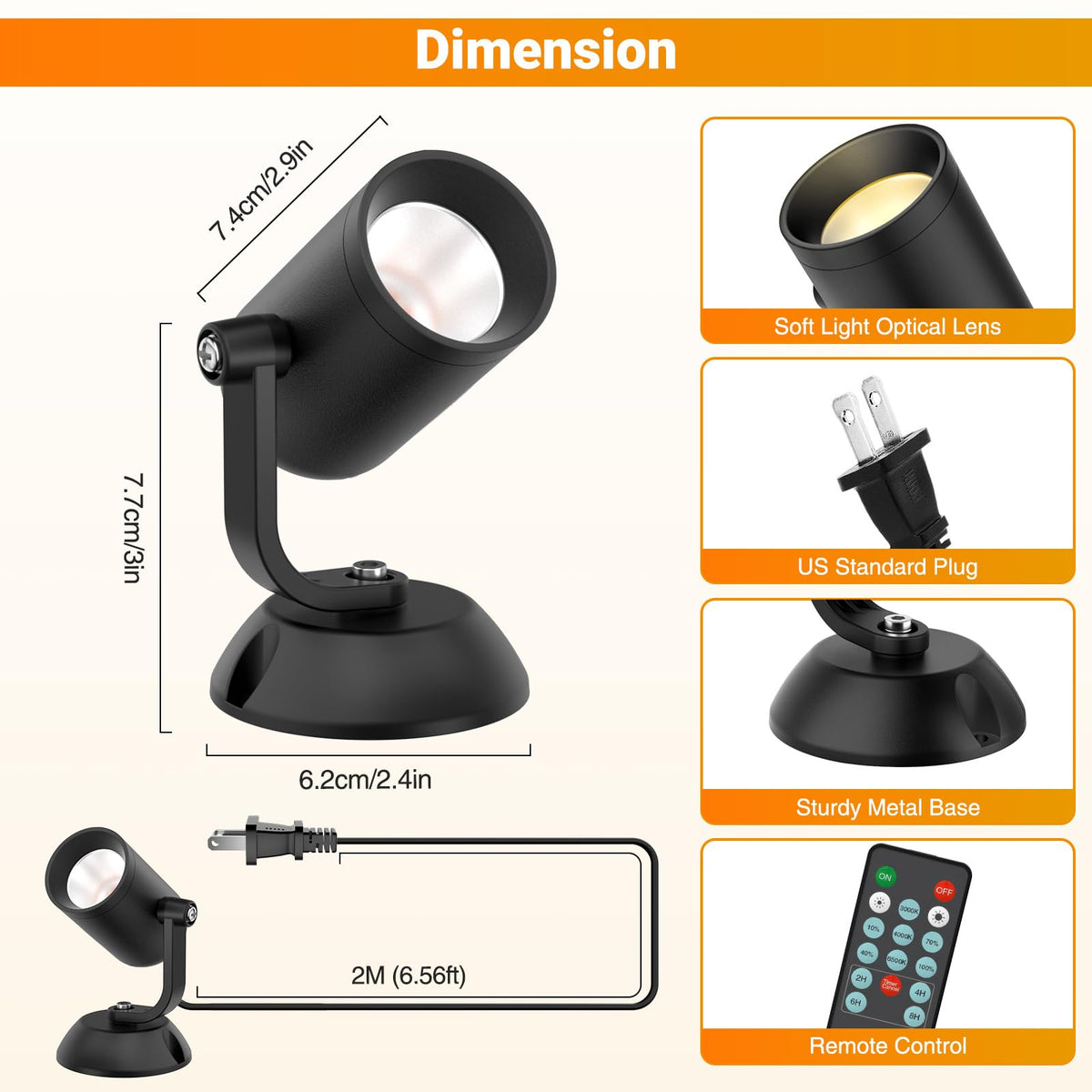 LinkMejor 2 Pack Spotlights Indoor Dimmable Plug in LED Timer/Remote, Black