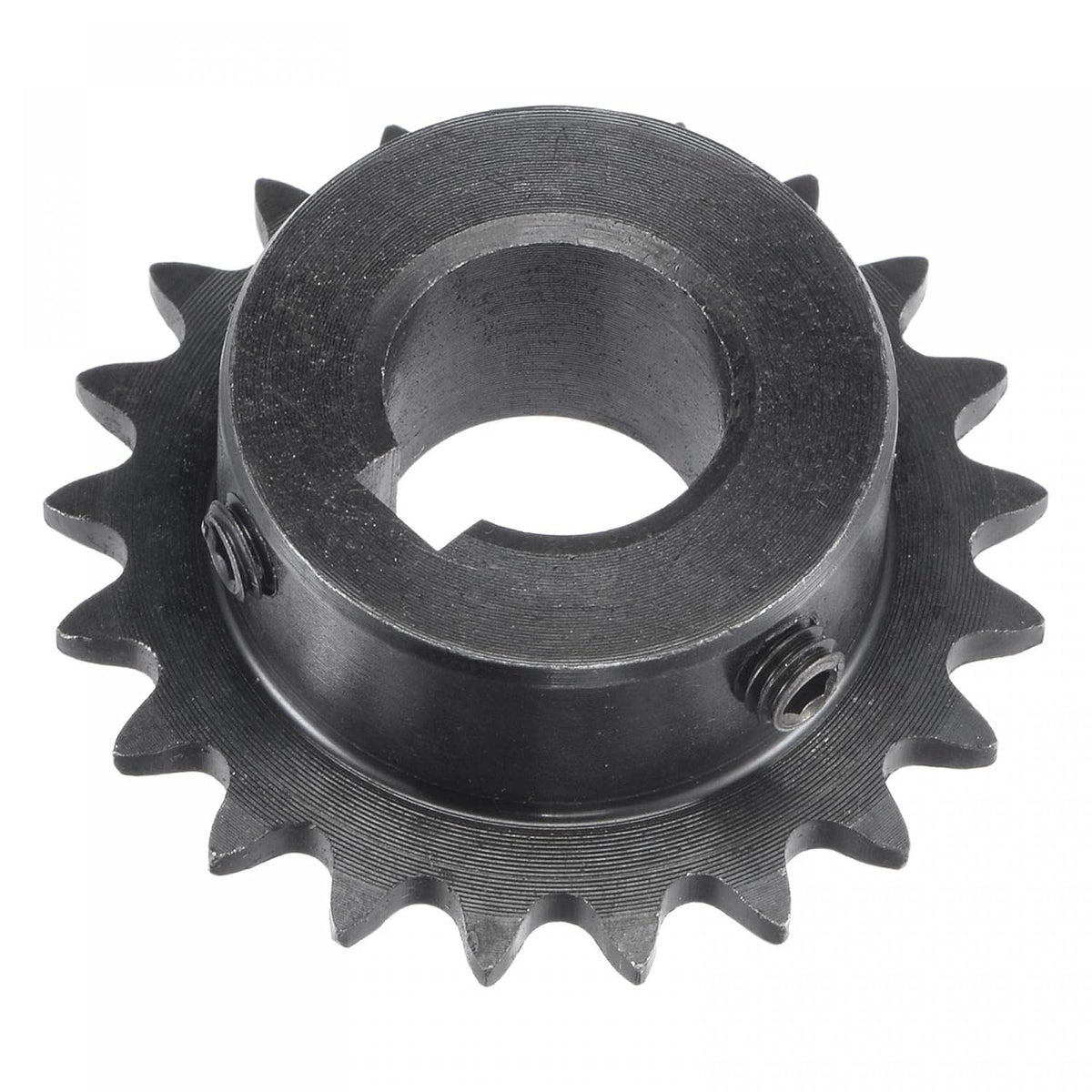 21 Tooth Roller Sprocket B Type, #25 Chain, Single Strand 1/4" Pitch, 15mm Bore Black Oxide C45 Carbon Steel, Keyway with Set Screws for ISO 04C