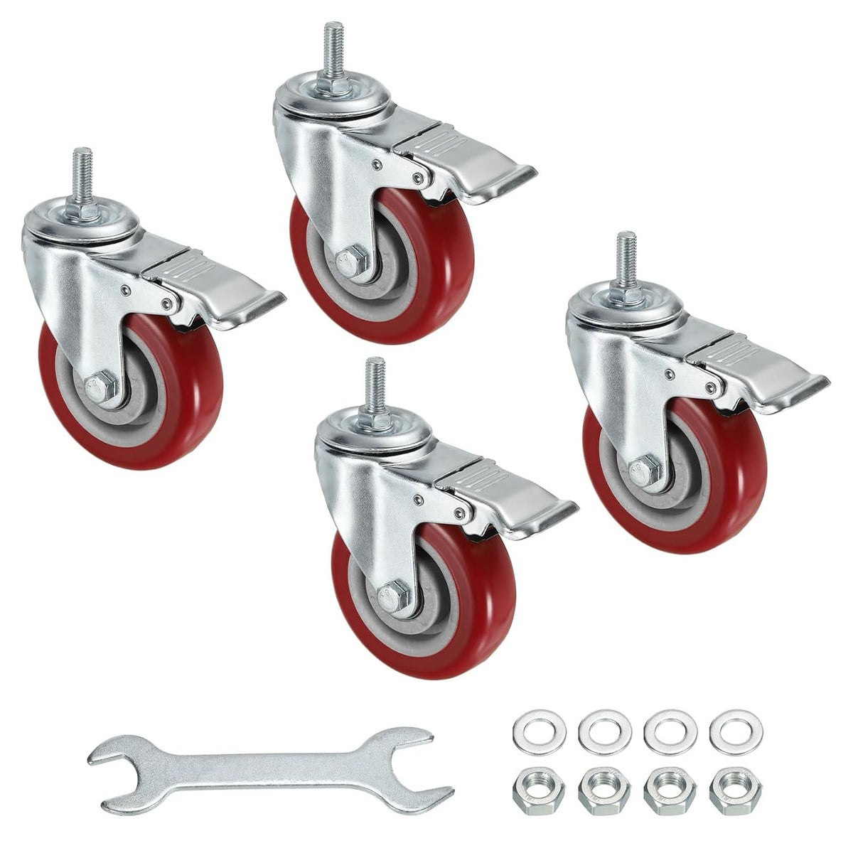 4 Inch Swivel Threaded Stem Casters M10x25mm Thread PU Caster Wheel with Brake 88lbs Load for Furniture Carts, Red 4pcs