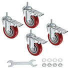 4 Inch Swivel Threaded Stem Casters M10x25mm Thread PU Caster Wheel with Brake 88lbs Load for Furniture Carts, Red 4pcs