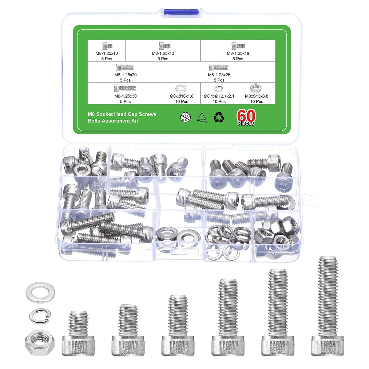 Hex Socket Bolts Kits (M8), 304 Stainless Steel Hex Socket Drive Screw, Silver Tone