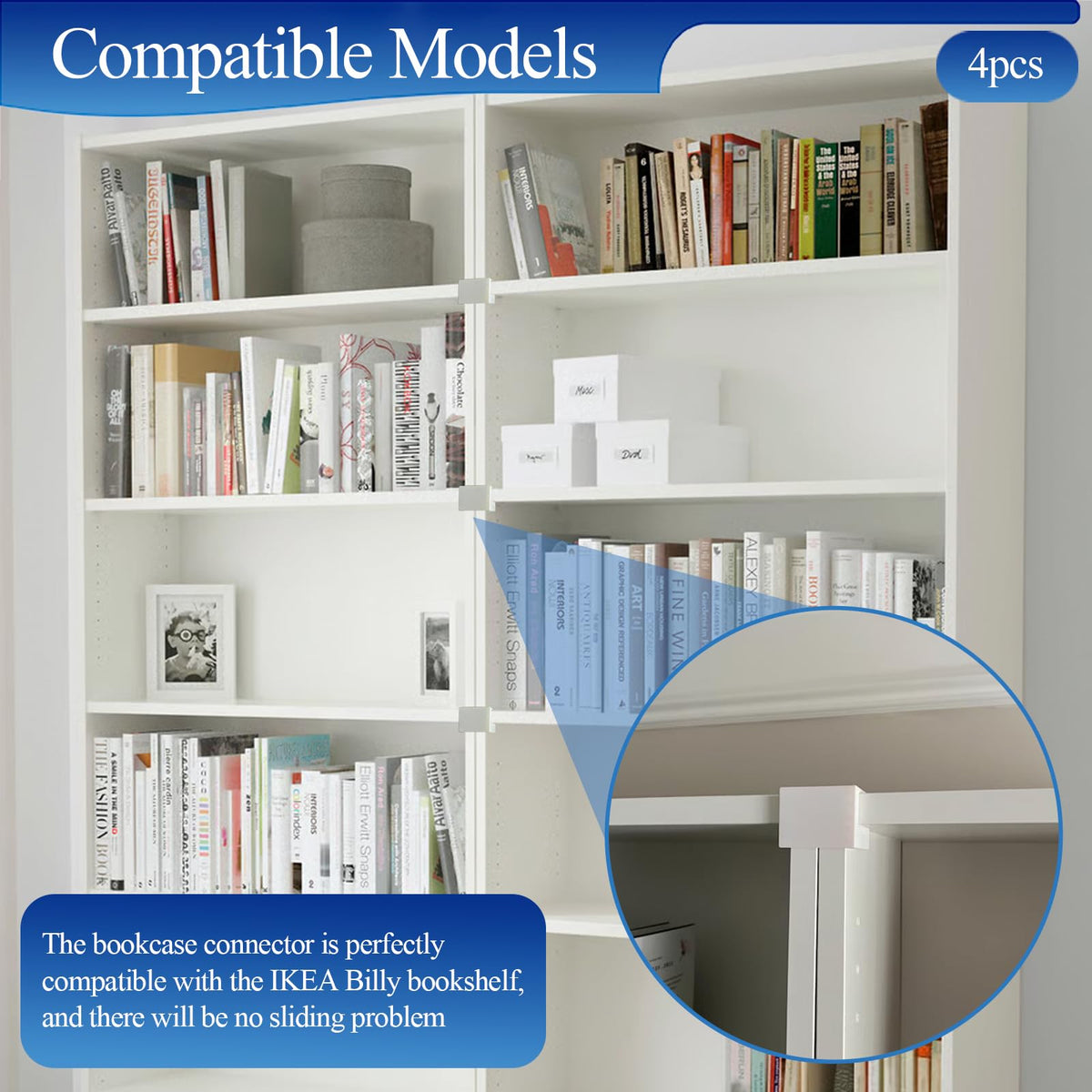 4 pièces, meuble de rangement blanc, adaptable à la bibliothèque Billy IKEA, clip d’alignement