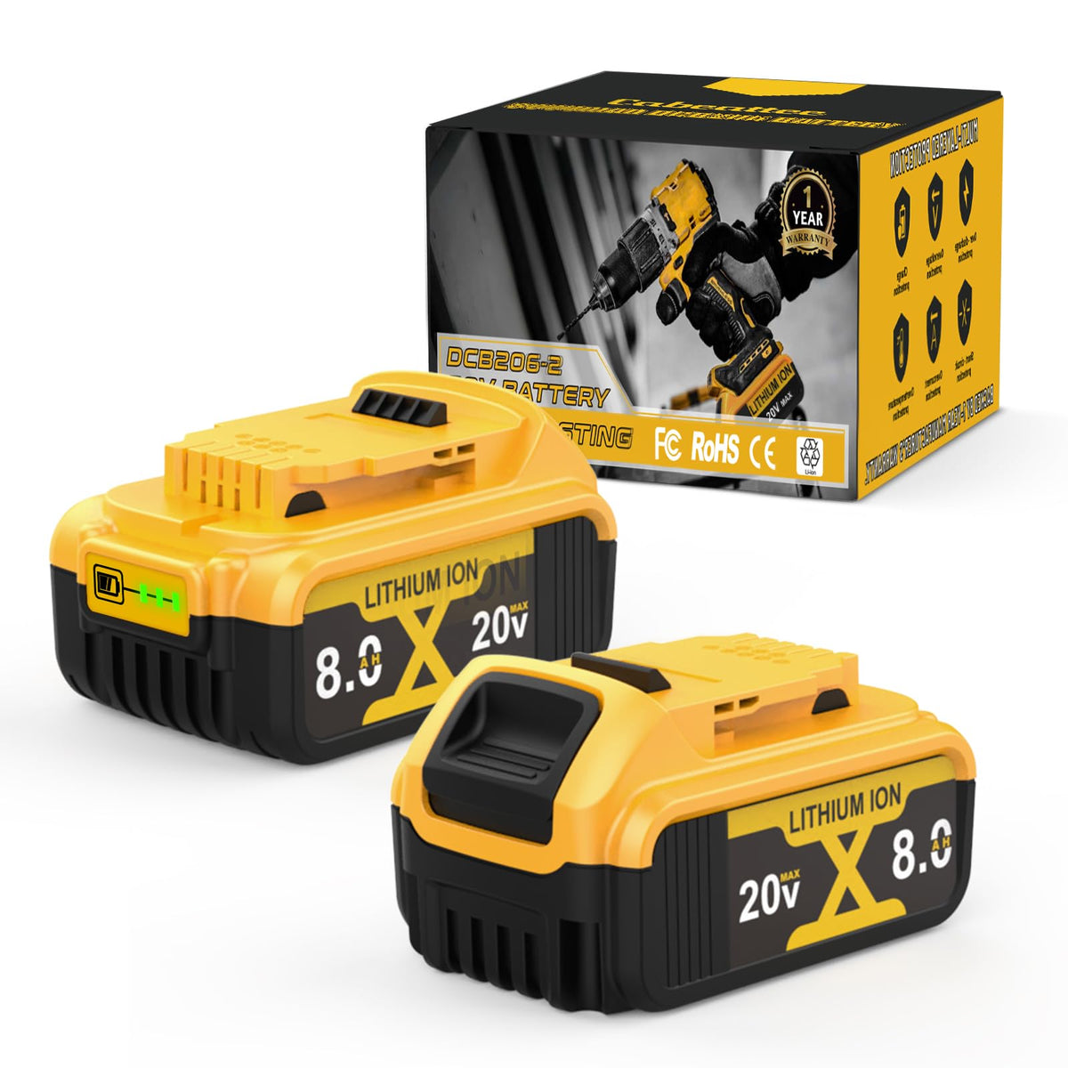 2Pack 8.0Ah Lityum-Iyon Pil, Dewalt 20v Max Pil İçin Değişim