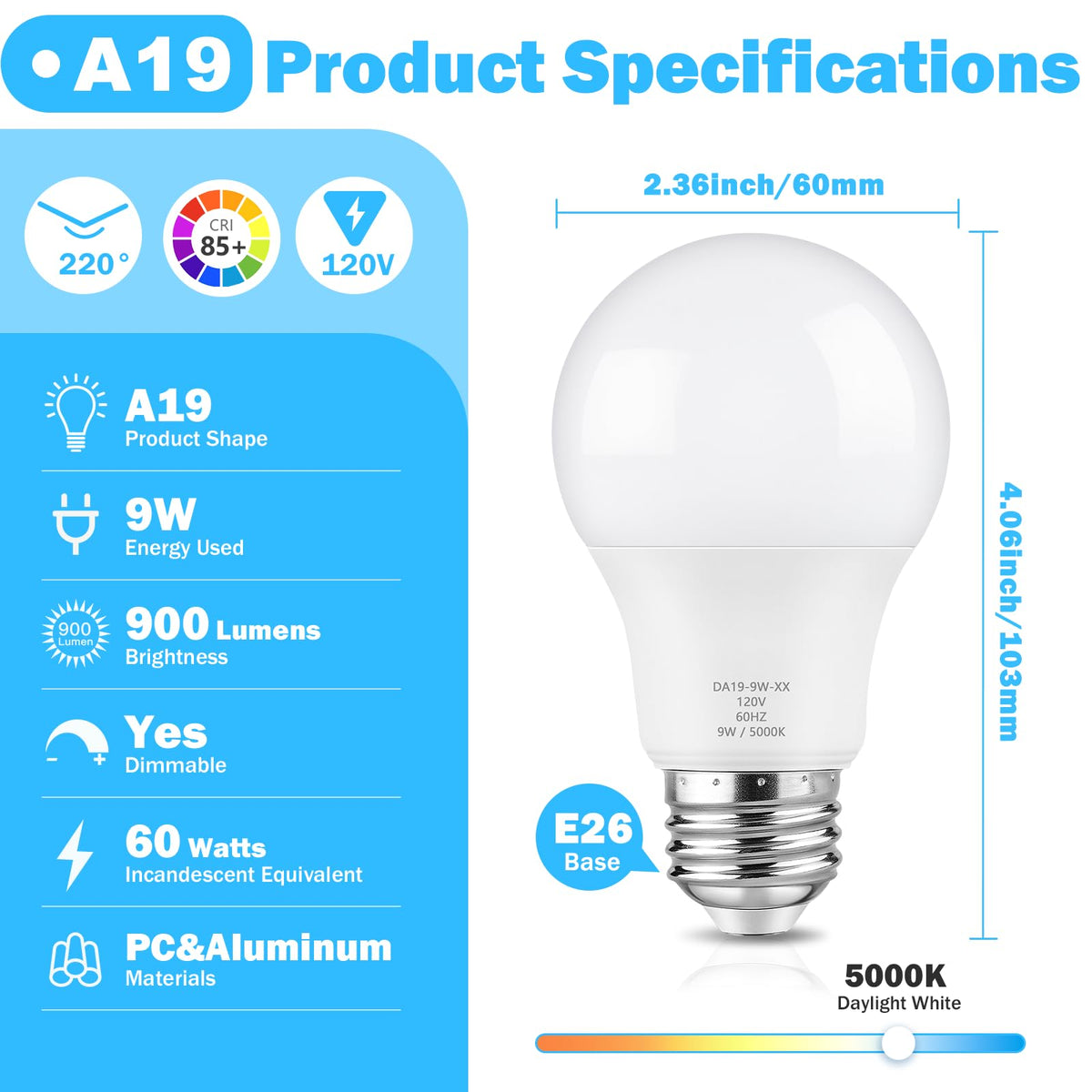 LinkMejor A19 LED Işık Lambası 60W İkame, Ayarlanabilir 5000K Gündüz Beyaz