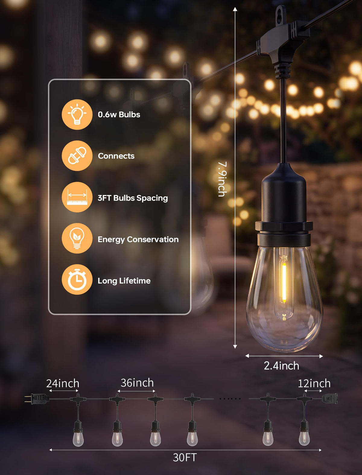 30FT Gartenlaternen für den Patio mit 10+1 Bruchfesten LED-Lampen