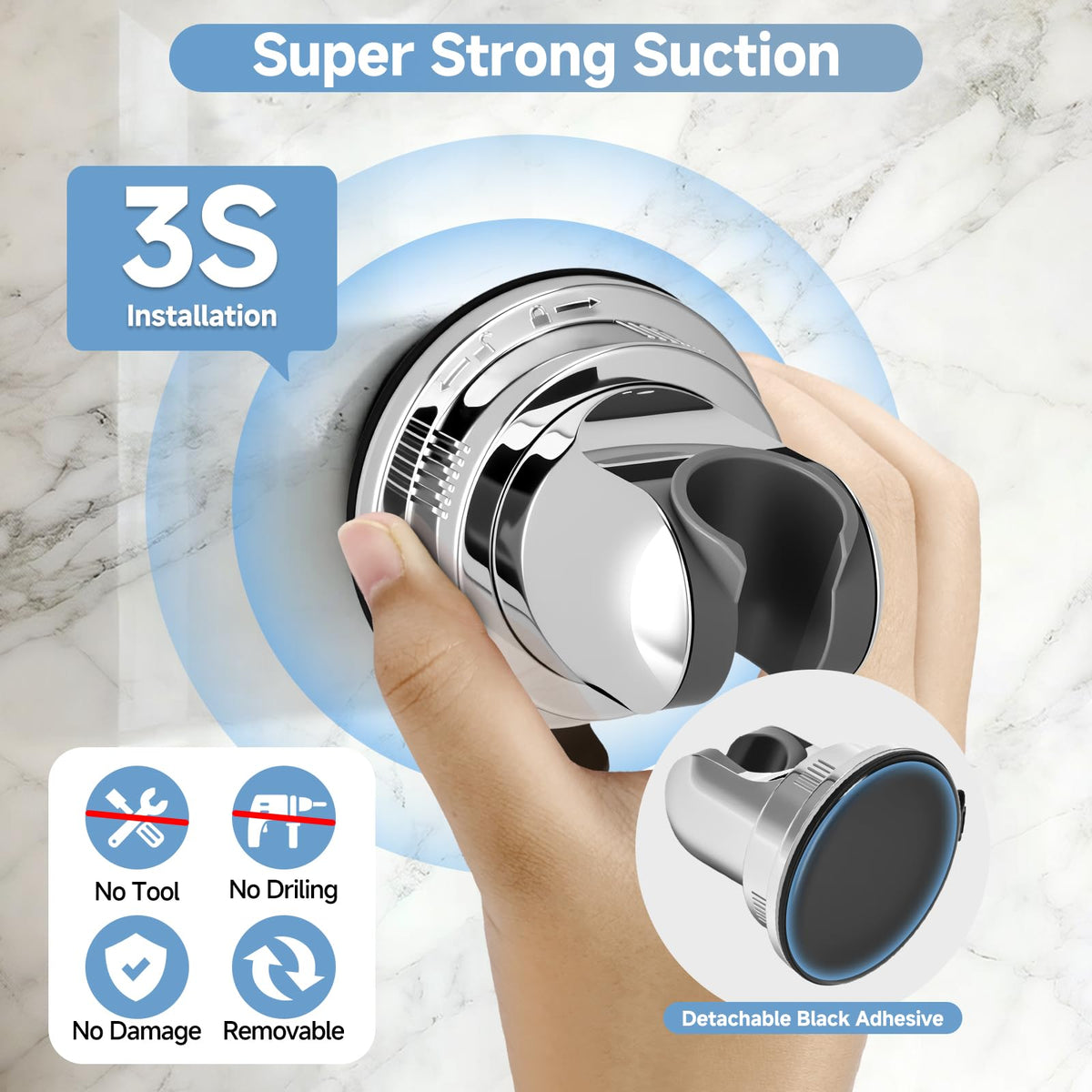 LinkMejor Shower Head Holder Suction, Chrome Removable Adjustable No-Drill