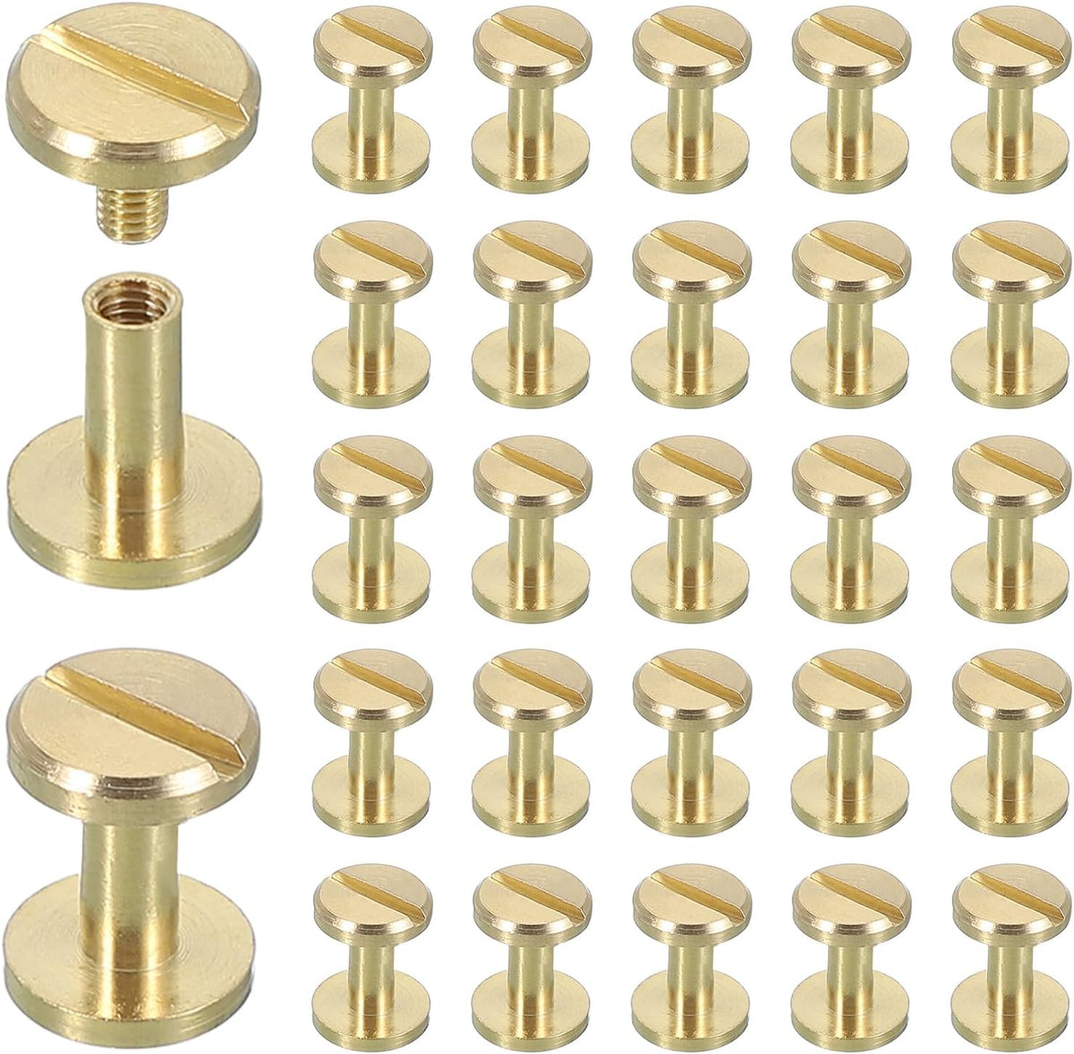 30 Sets Chicago Screw Rivets M4x8mm Metal Phillips Head Post Nail Rivet Stud Screws Connectors for DIY Leather Belt Bag Craft Bookbinding, Brass