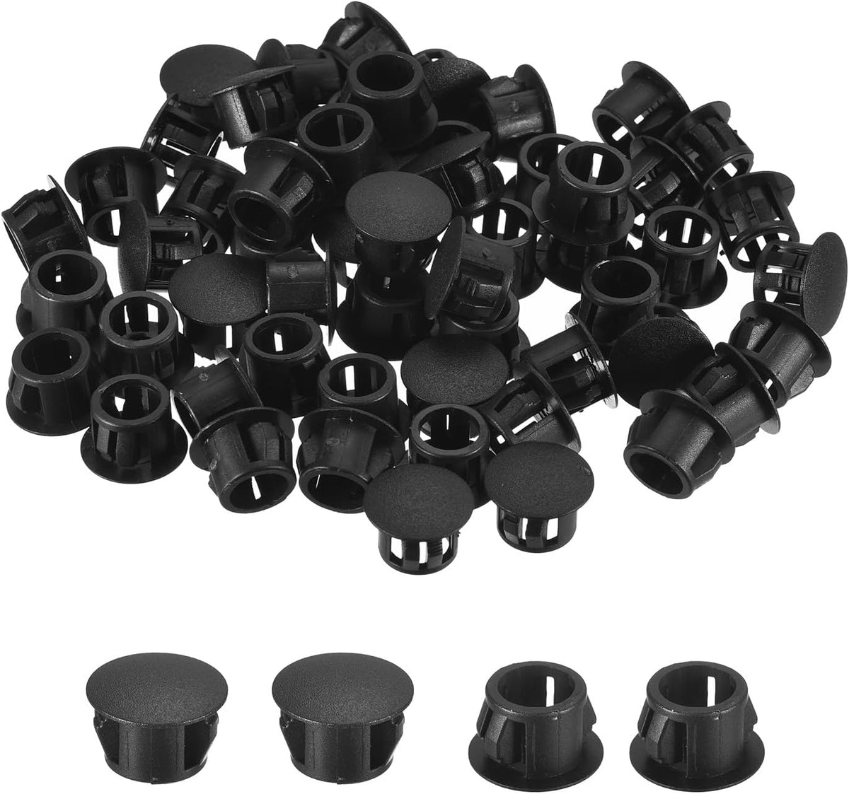 15/32" Plastic Hole Plugs, 86Pcs Flush Type Panel Round Snap in Fastener Knockout Locking Plugs for Furniture Insert End Caps Panels, Black
