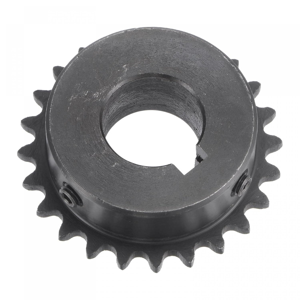 24 Tooth Roller Sprocket B Type, #25 Chain, Single Strand 1/4" Pitch, 19mm Bore Black Oxide C45 Carbon Steel, Keyway with Set Screws for ISO 04C
